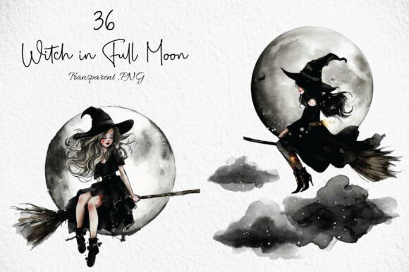 Download Watercolor Witch in Full Moon Clipart - Moon clipart Collection