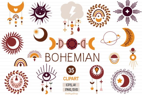 Download Bohemian Moon Clipart, Moonchild Set - Moon clipart Collection