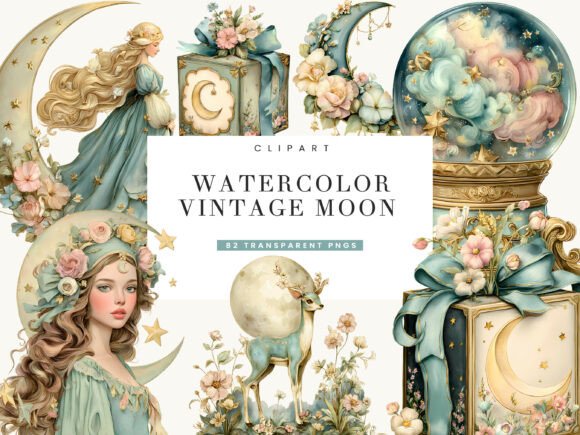 Download Watercolor Vintage Moon Clipart Bundle - Moon clipart Collection