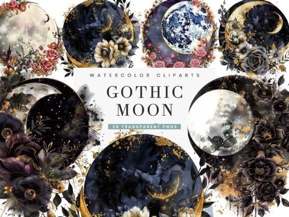 Download Watercolor Gothic Moon Clipart Bundle - Moon clipart Collection